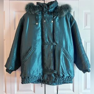 VTG IZZI Winter Coat L Emerald Green Iridescent Arctic Fox Fur Trim 90s Y2K RARE